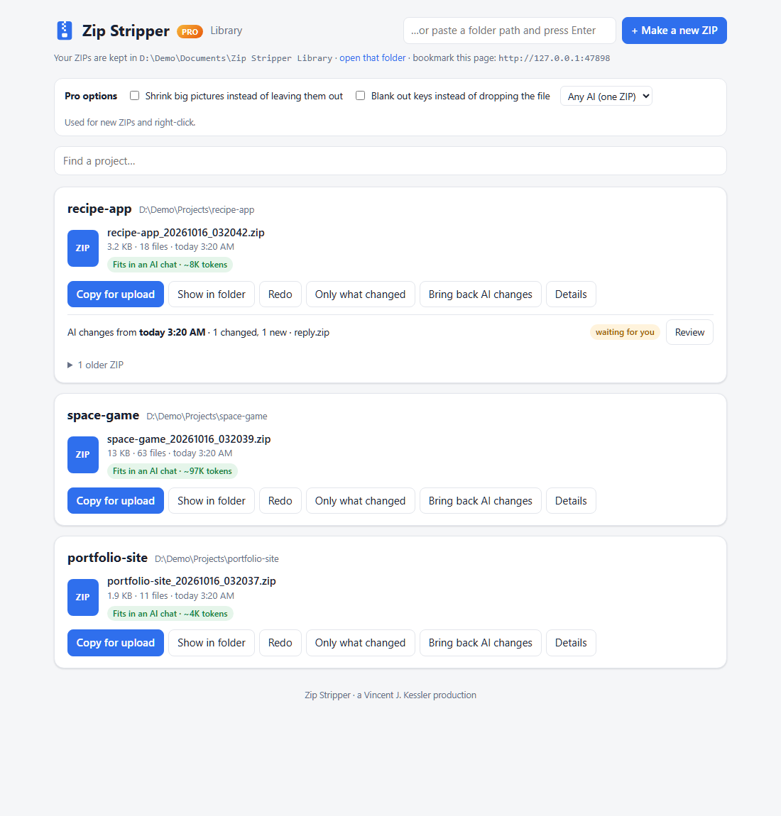 The Zip Stripper Library page listing ZIPs with Copy for upload buttons